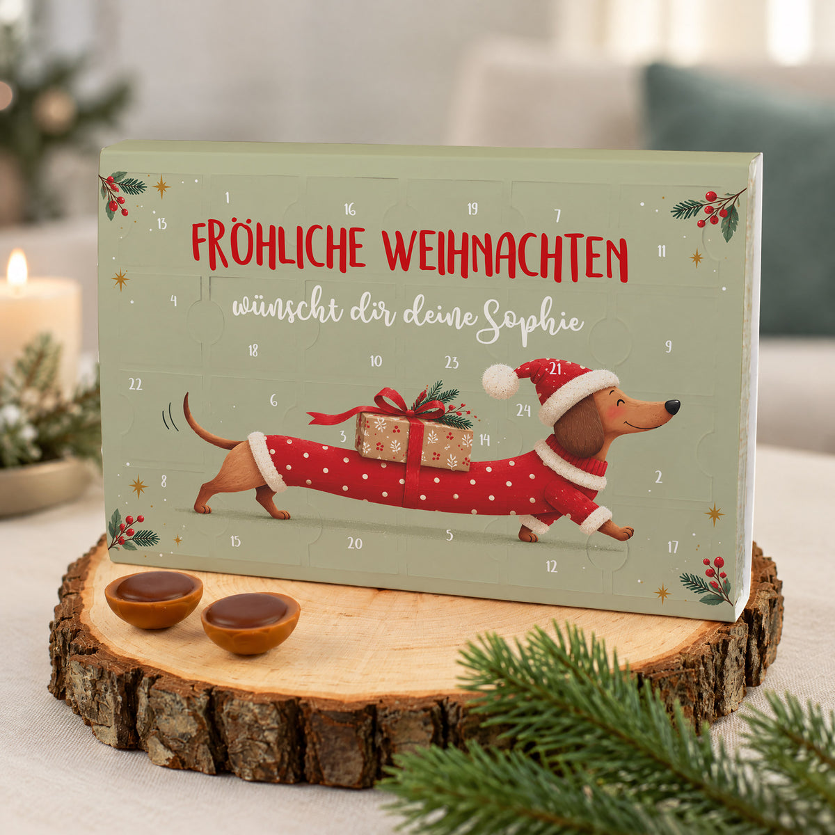 Toffifee Adventskalender mit Weihnachts Dackel und personalisiertem Wunschtext Sophie