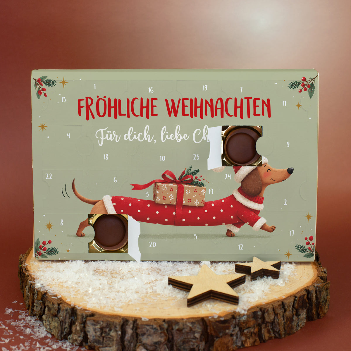 Gefüllter Toffifee Adventskalender mit geöffneten Türchen und Weihnachts Dackel Motiv