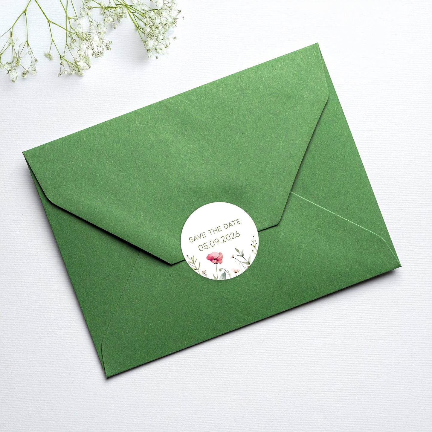 Aufkleber auf einem grünem Briefumschlag dekorativ eingesetzt