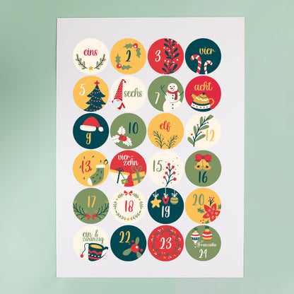 Bogen mit 24 bunten Adventskalender-Stickern mit Weihnachtsmotiven und Zahlen von 1–24