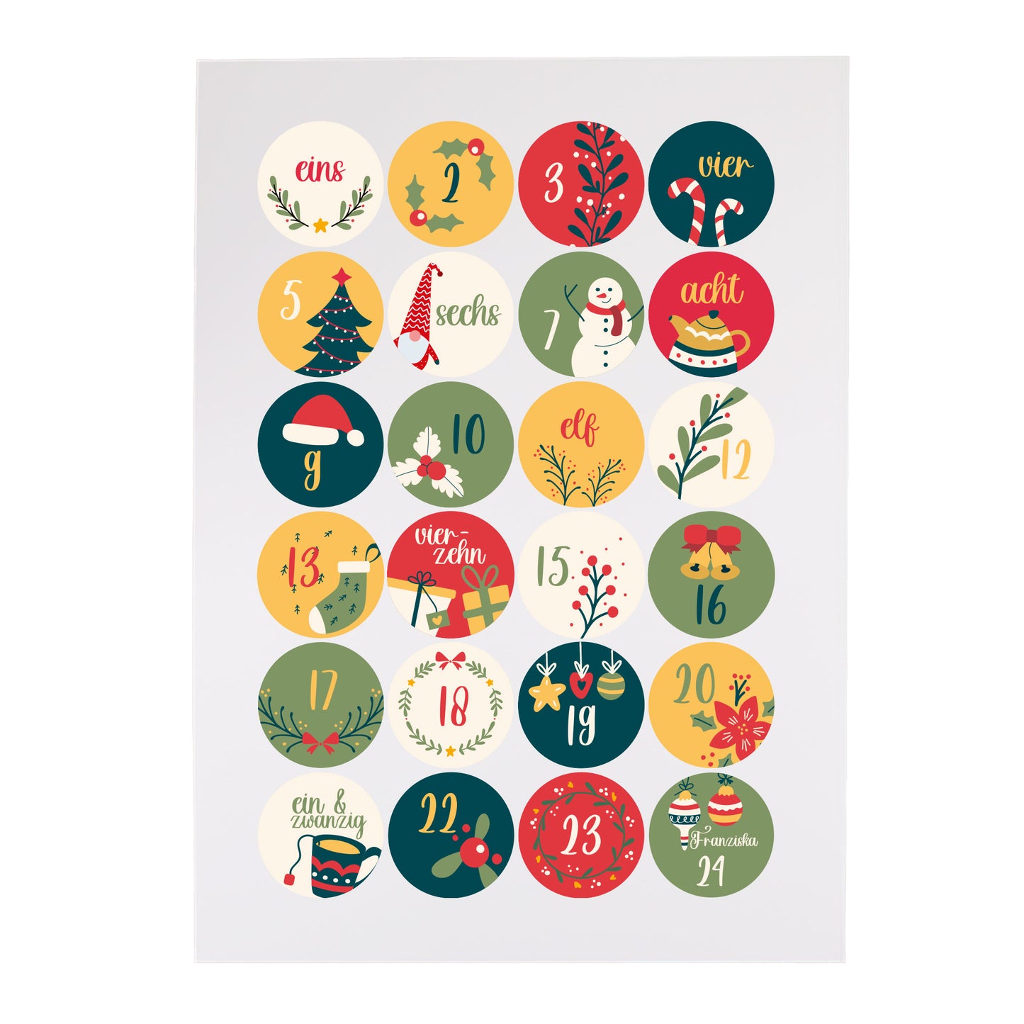Freigestellter Bogen mit 24 runden Aufklebern für DIY-Adventskalender