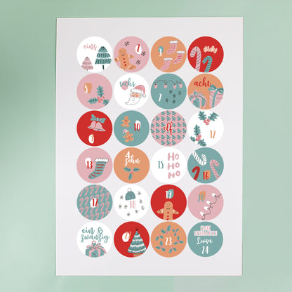 Bogen mit 24 runden Adventskalender-Aufklebern in Rosa & Türkis, nummeriert von 1 bis 24