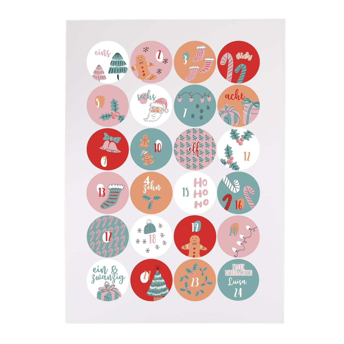 Freigestellter Bogen mit rosa-türkisen Adventskalender-Stickern, auf weißem Hintergrund