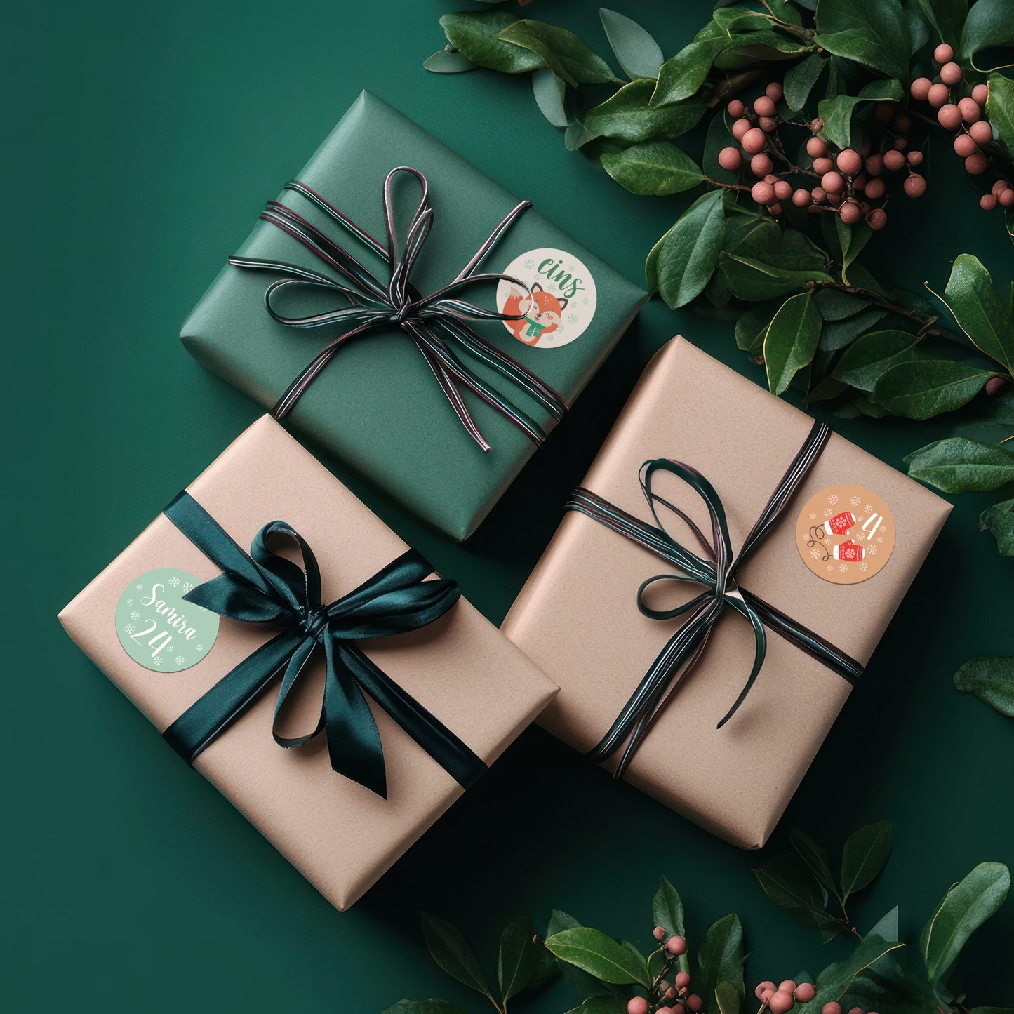 Geschenkverpackungen mit Schleifen und Stickern, u. a. Fuchs mit Zahl 1 und personalisierbarer Name für Zahl 24