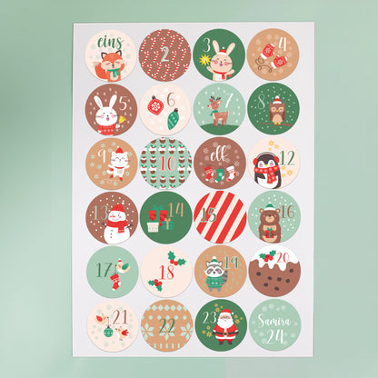 Stickerbogen mit 24 runden Aufklebern für Adventskalender, Motive mit Hase, Eule, Rentier und weiteren Tieren