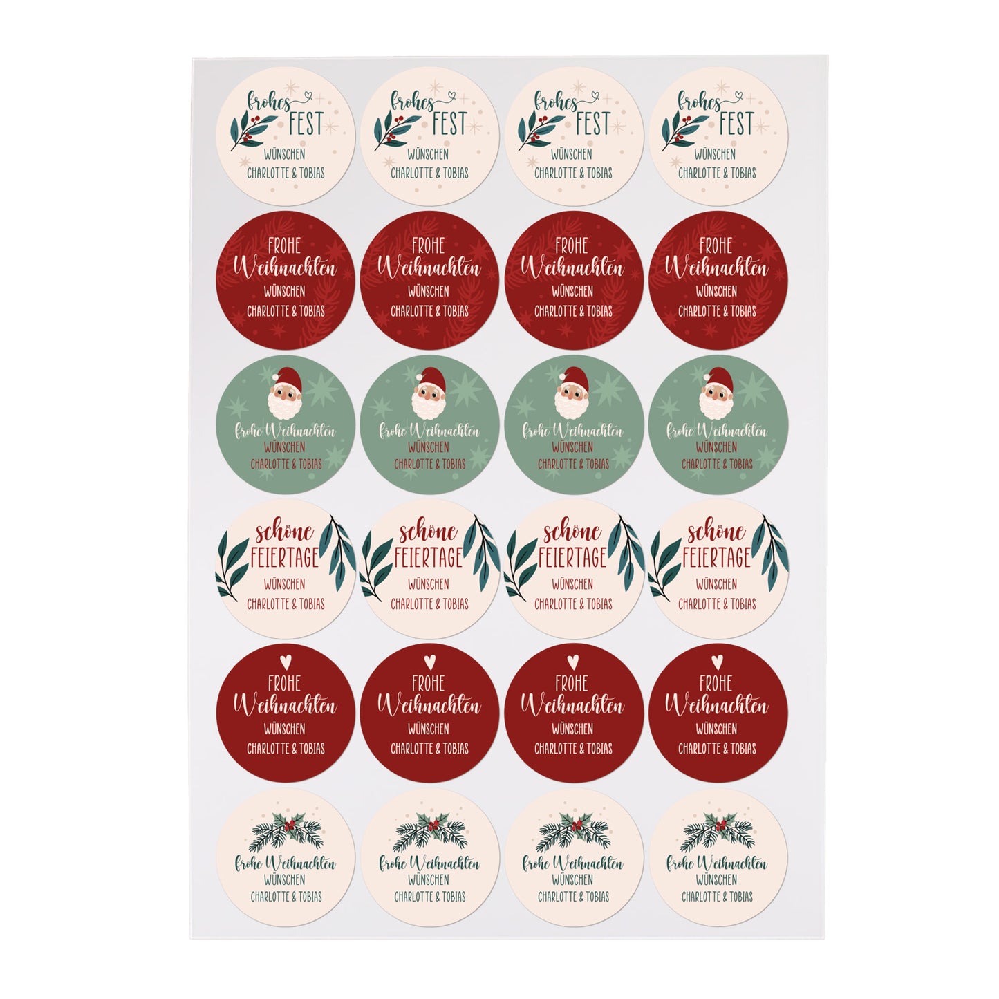 Nahaufnahme eines Aufkleberbogens mit Weihnachtsmotiven (Weihnachtsmann, Tannenzweig, Mistelzweig, Schriftzug „Frohe Weihnachten“), mattes Papier.