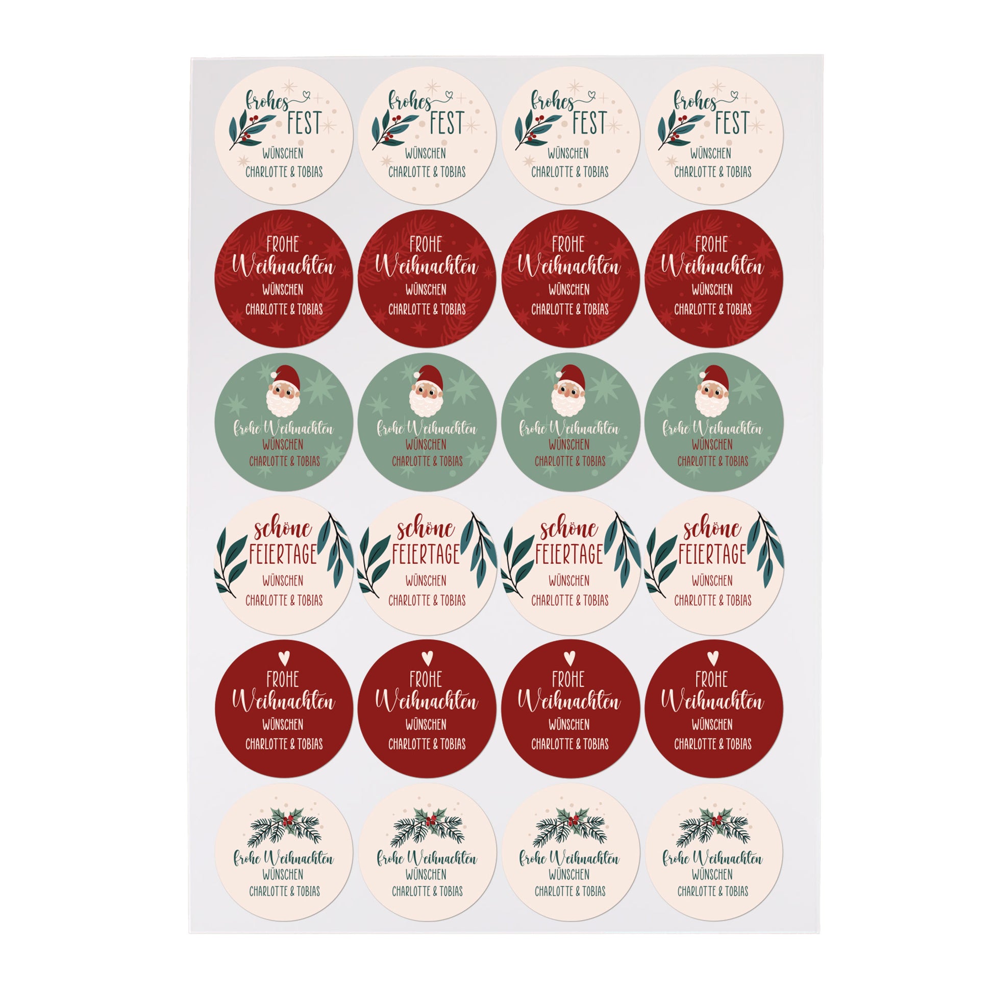 Nahaufnahme eines Aufkleberbogens mit Weihnachtsmotiven (Weihnachtsmann, Tannenzweig, Mistelzweig, Schriftzug „Frohe Weihnachten“), mattes Papier.