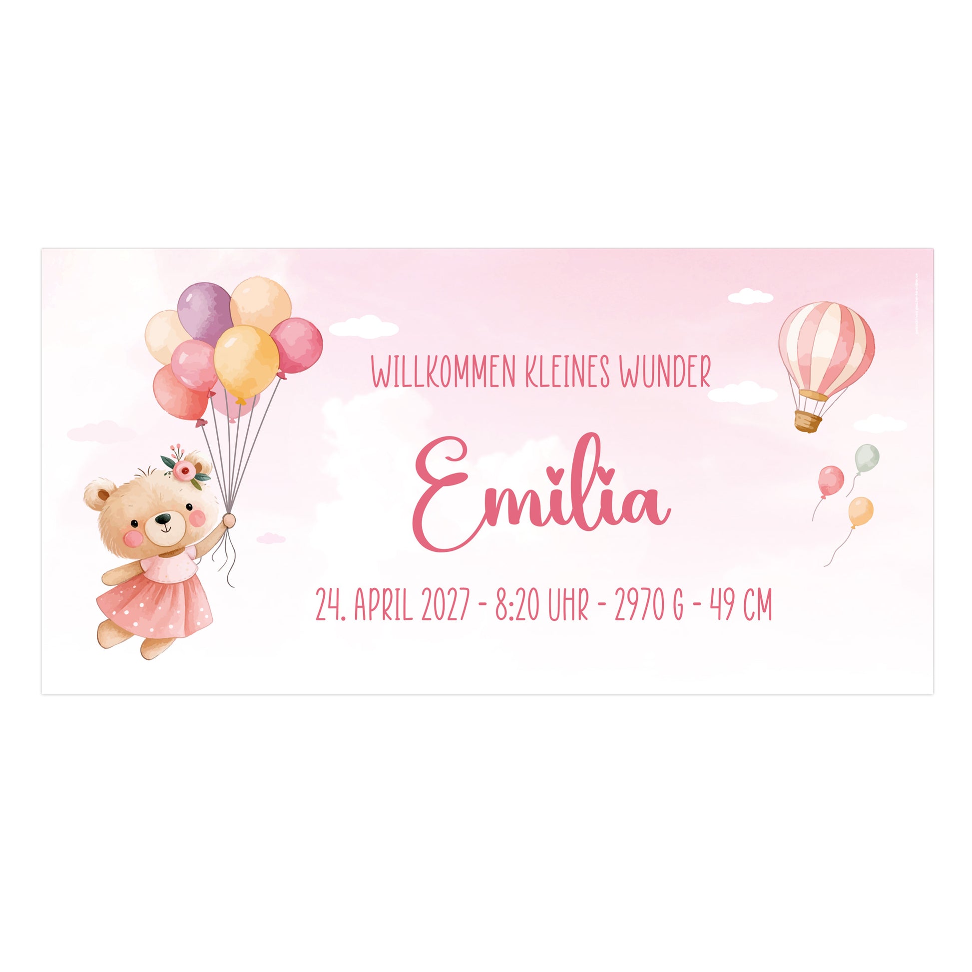 Personalisiertes Banner zur Geburt eines Mädchens mit Teddy, Ballons, Heißluftballon, Name Emilia und Geburtsdaten auf rosa Hintergrund