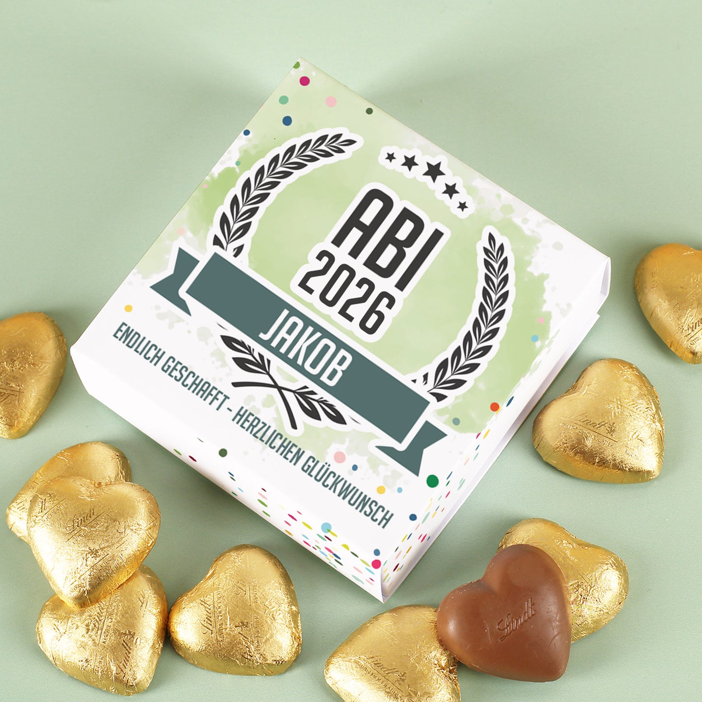 Glückwunsch-Geschenkbox zum Abitur mit Lindt Schoko-Herzen, Name, Jahr & Text