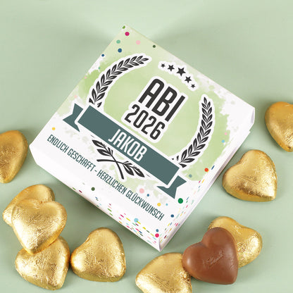Glückwunsch-Geschenkbox zum Abitur mit Lindt Schoko-Herzen, Name, Jahr & Text