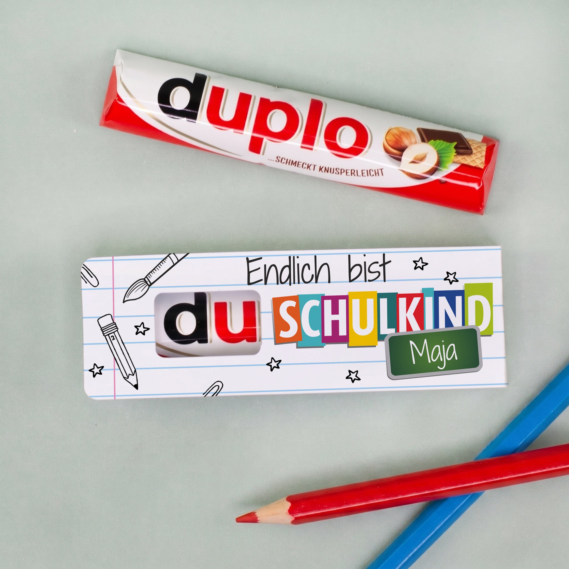 Personalisierter duplo Riegel zur Einschulung mit Name Maja und Schulkind Motiv