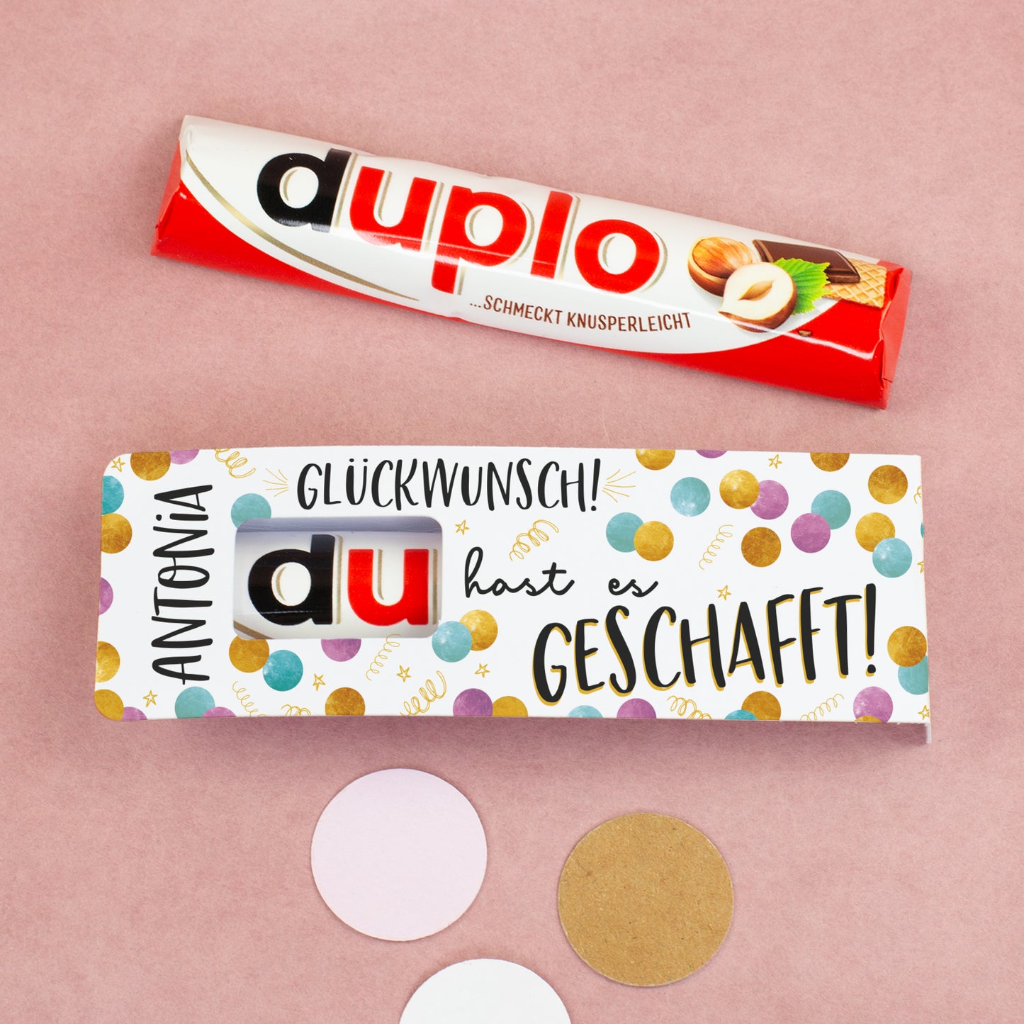 Personalisierter duplo Riegel mit Name Antonia und Glückwunsch Motiv zum bestandenen Abschluss