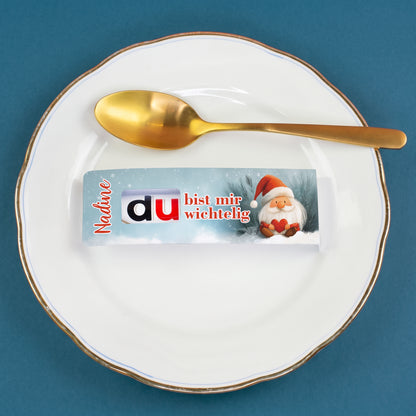 Personalisierter duplo Riegel als Platzkarte und Gastgeschenk für die Weihnachtstafel
