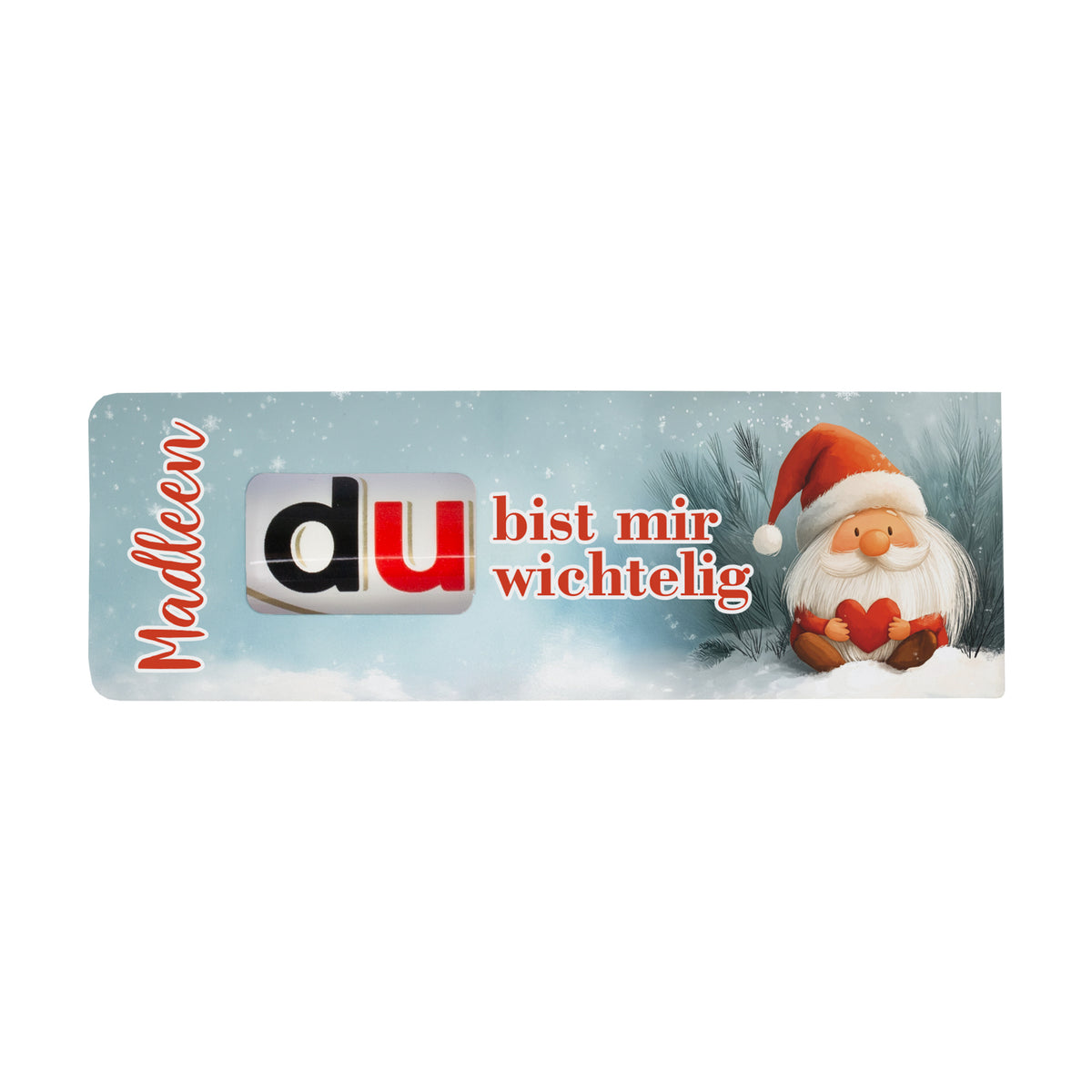 1. Personalisierte Weihnachtsbanderole für duplo Riegel mit Name und Wichtelmotiv
