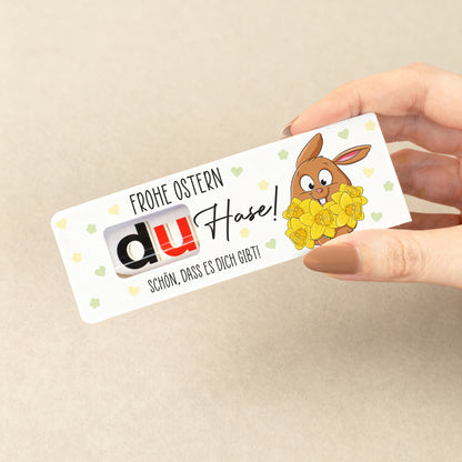 Oster Schokoriegel mit Hase und Blumen Motiv Frohe Ostern du Hase personalisierbar mit Wunschtext