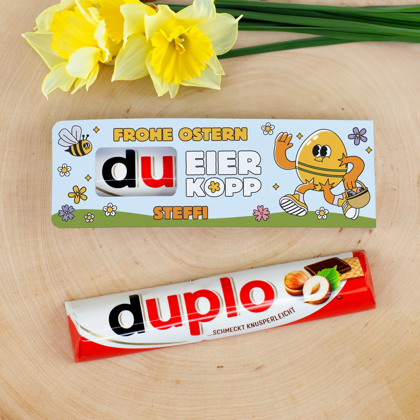 Personalisierter duplo Riegel mit Name und lustigem Osterei Charakter als witziges Ostergeschenk