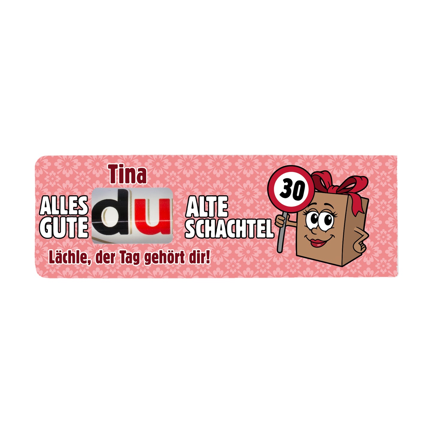 Freigestellte personalisierte duplo Banderole Alte Schachtel mit Name Tina, Alter 30 und Verkehrszeichen Motiv