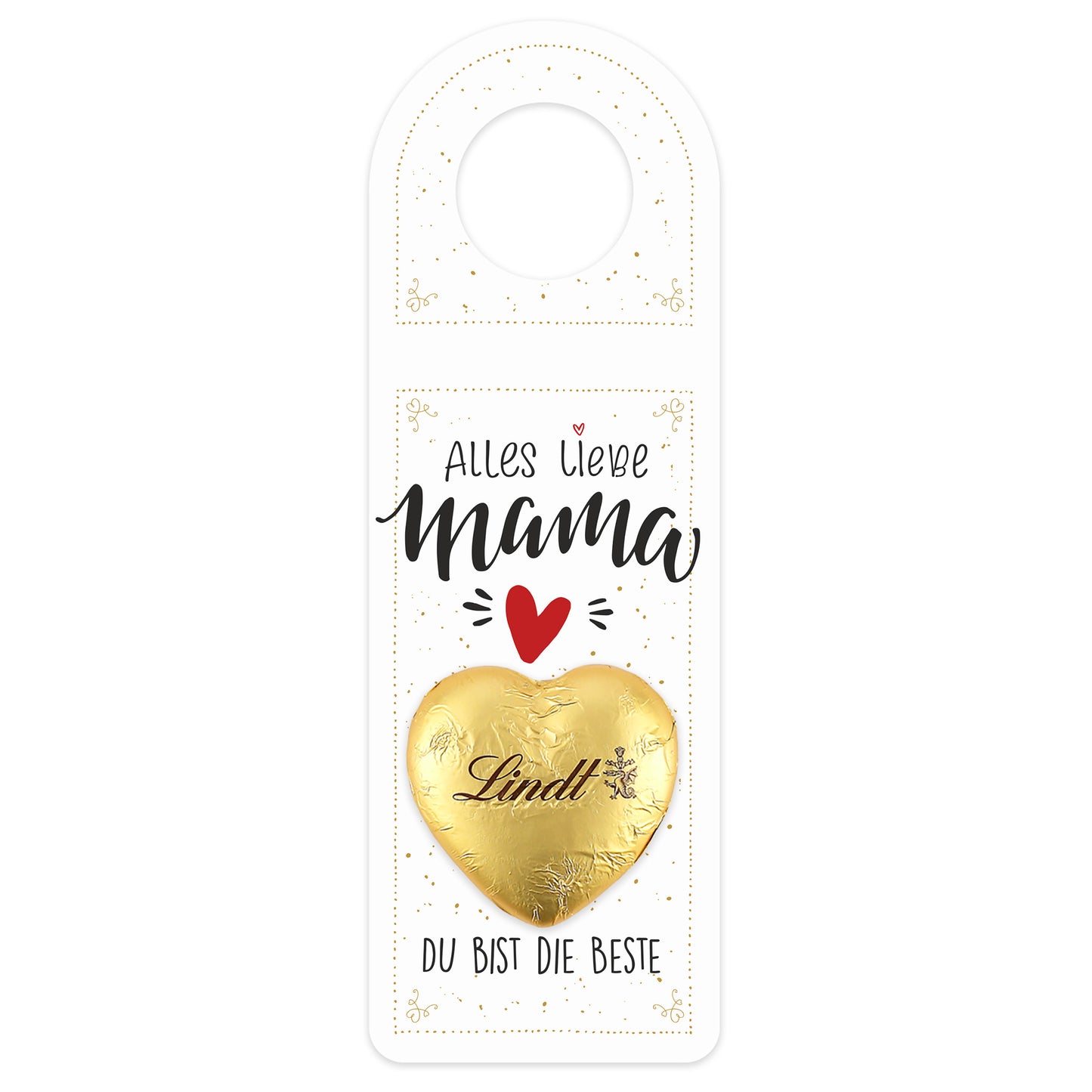 Großer Flaschenanhänger (220 x 75 mm) mit goldfarbenen Details und Schokoladenherz, freigestellt.
