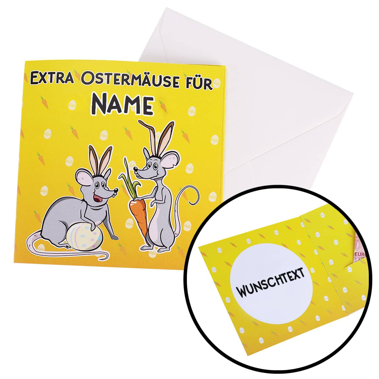Klappkarte mit lustigen Ostermäusen, einem Namen Ihrer Wahl und Wunschtext im inneren der Karte