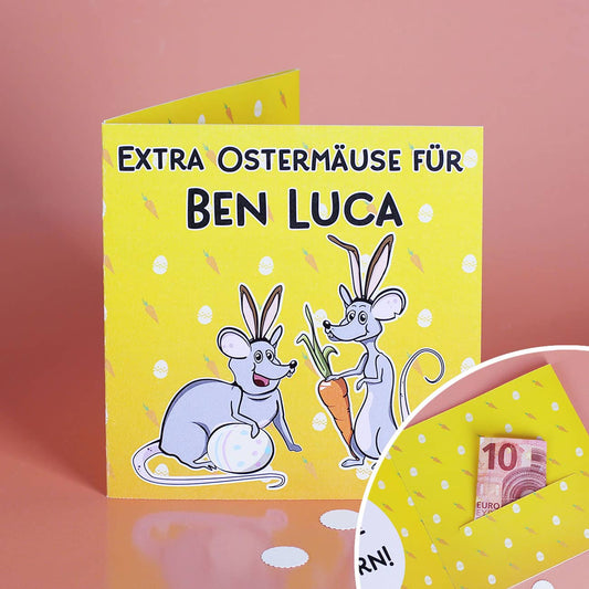 Tolle Geldkarte "Extra Ostermäuse" mit einem Namen Ihrer Wahl bedruckt