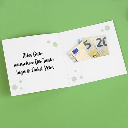 Geburtstagskarte für Geld oder Gutscheine mit Name und Wunschtext