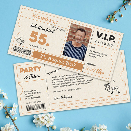 Personalisierte Einladungskarte zum Geburtstag als VIP Ticket mit Foto & Wunschtext | DIN lang Karte