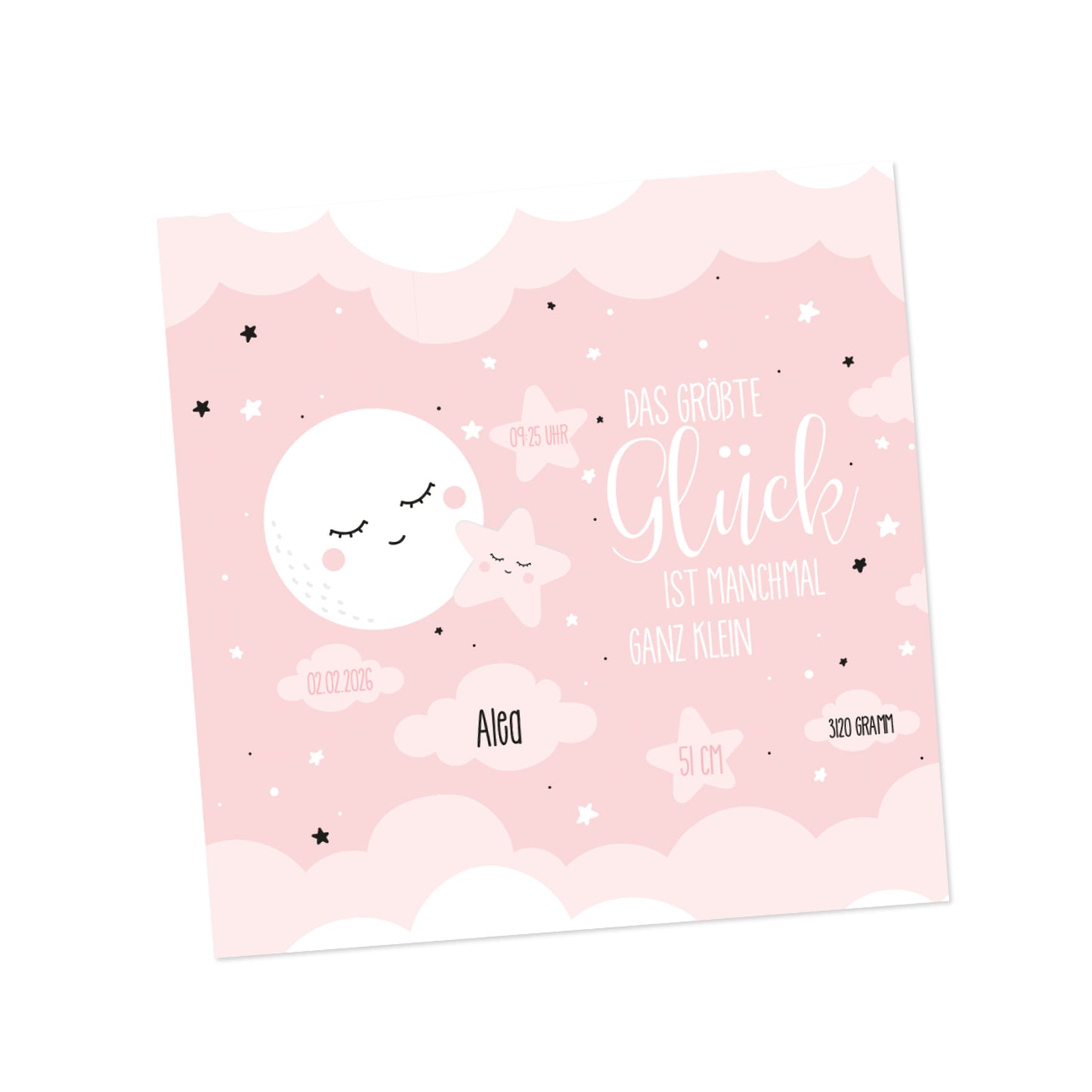 Vorderseite der personalisierten Geburtskarte für Mädchen mit Mond-&-Sterne-Design sowie Feldern für Datum, Uhrzeit, Größe und Gewicht