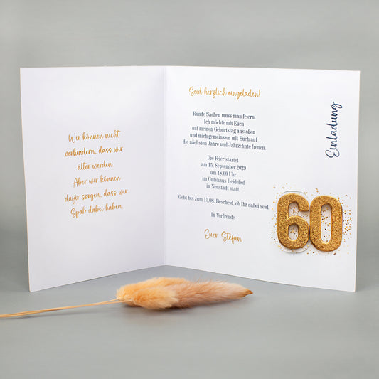 Innenansicht der personalisierten Einladungskarte mit Einladungstext, Datum und 60. Geburtstag