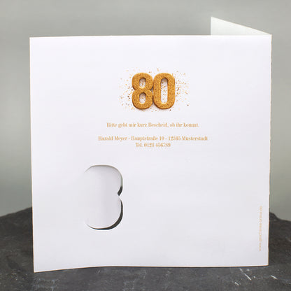Rückseite der personalisierten Einladungskarte zum 80. Geburtstag mit Kontaktdaten von Harald Meyer