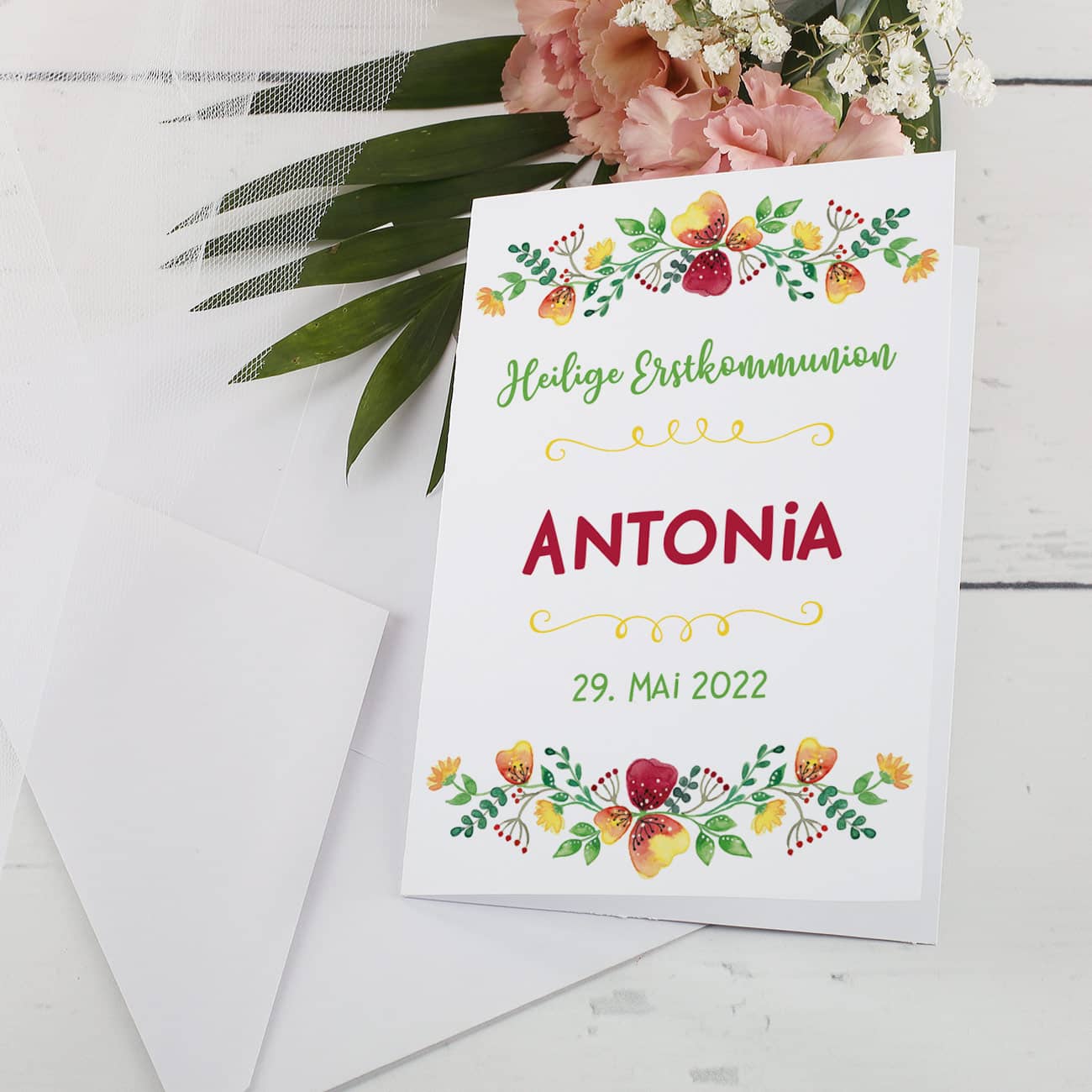 Hübsche Karte mit individuellen Aufdruck, bunten Blumenkränzen und einen selbstbestimmbaren Anlass 