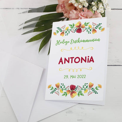 Hübsche Karte mit individuellen Aufdruck, bunten Blumenkränzen und einen selbstbestimmbaren Anlass 