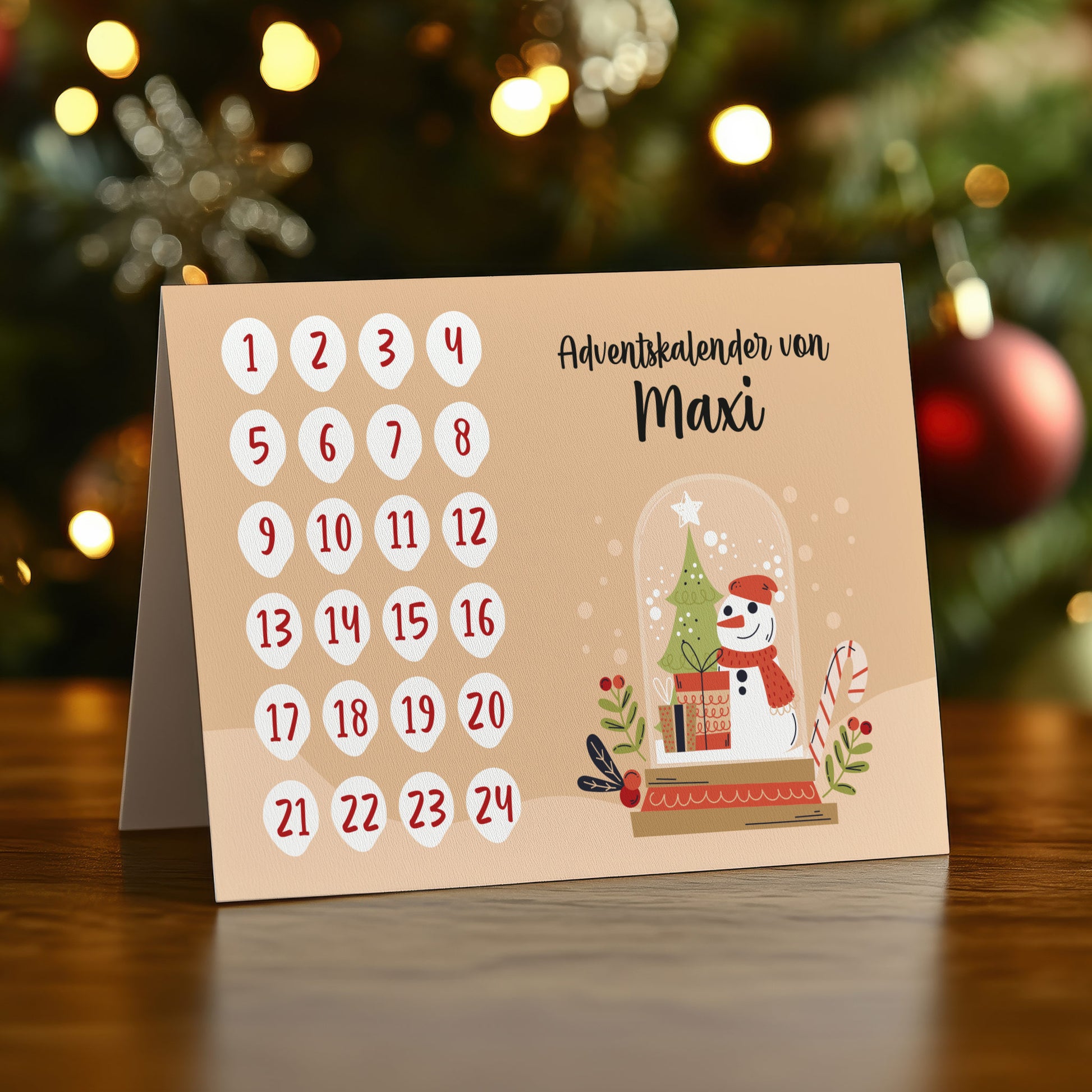 Personalisierter Adventskalender to go als DIY-Klappkarte mit Schneemann-Motiv und Name „Maxi“