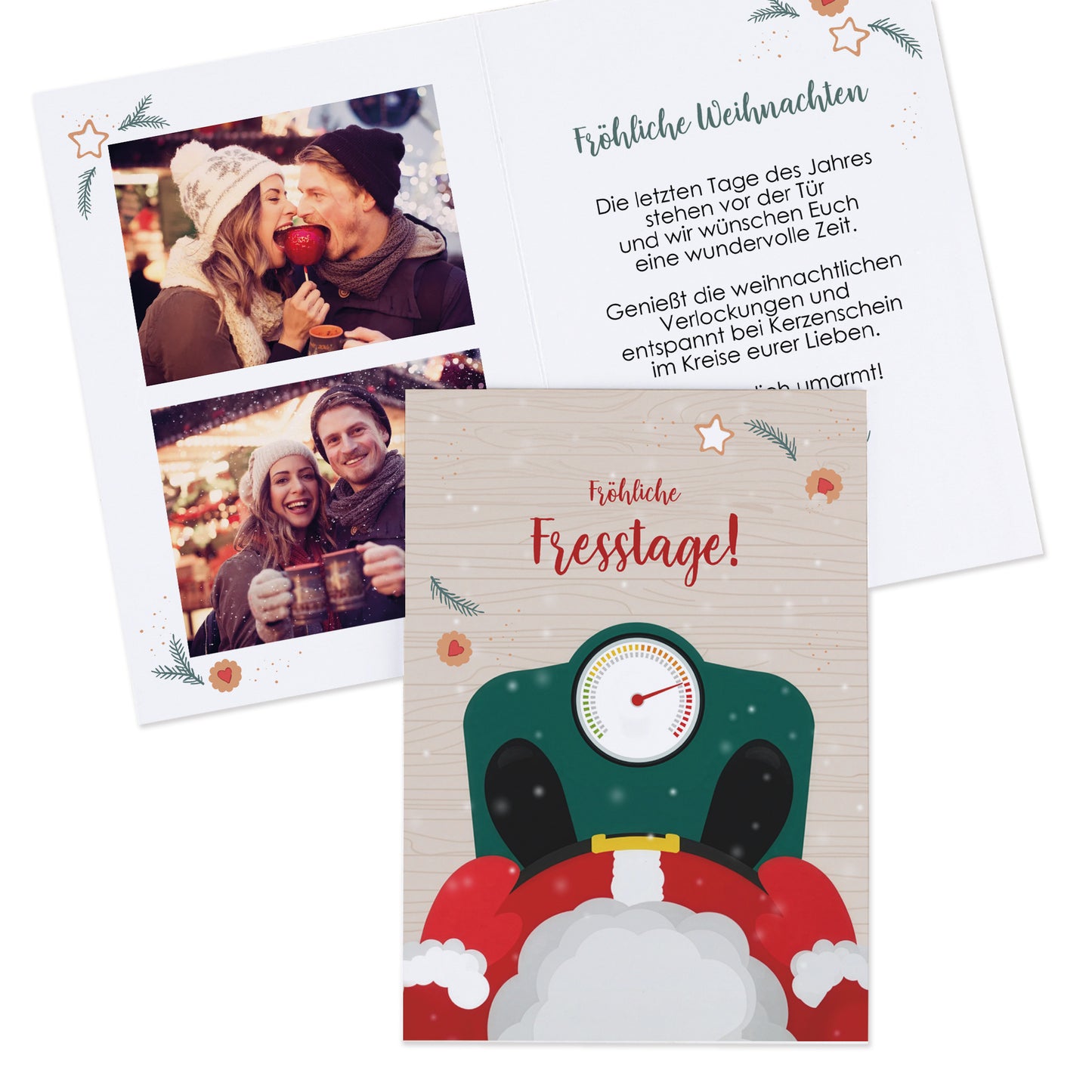 Klappkarte mit Weihnachtsmann auf der Waage und Platz für zwei Fotos im Inneren