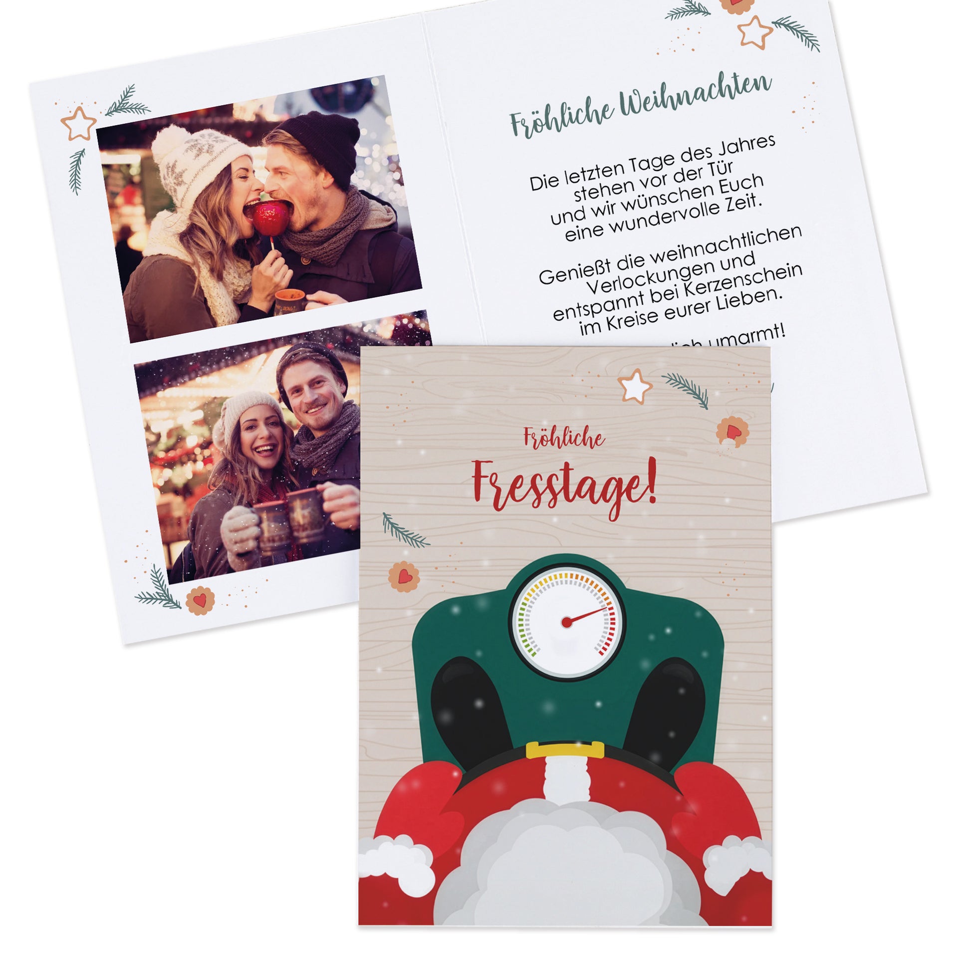 Klappkarte mit Weihnachtsmann auf der Waage und Platz für zwei Fotos im Inneren