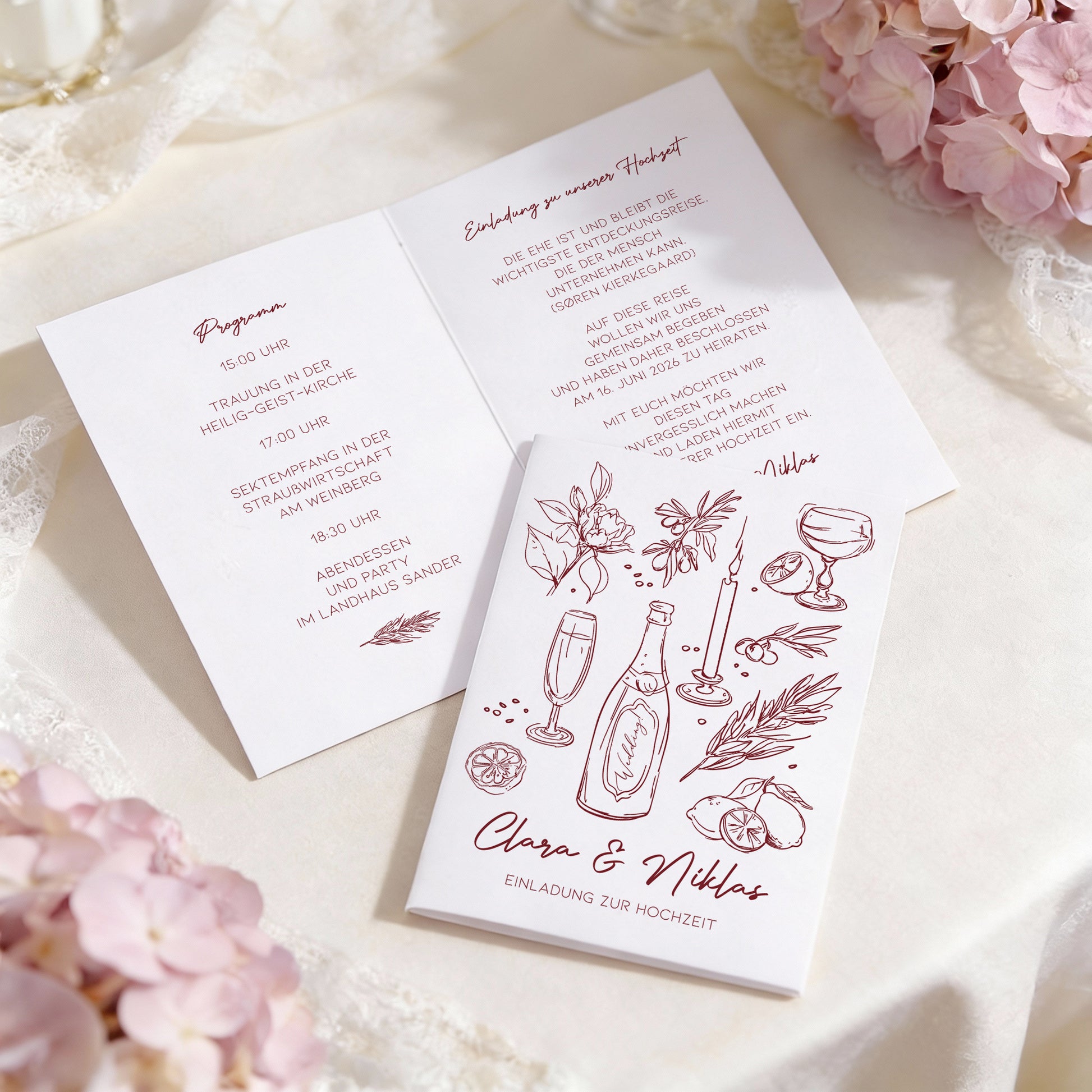 Farbauswahl der personalisierten Hochzeitseinladung als Klappkarte mit mediterranem Motiv, verschiedene Druckfarben als Punkte dargestellt