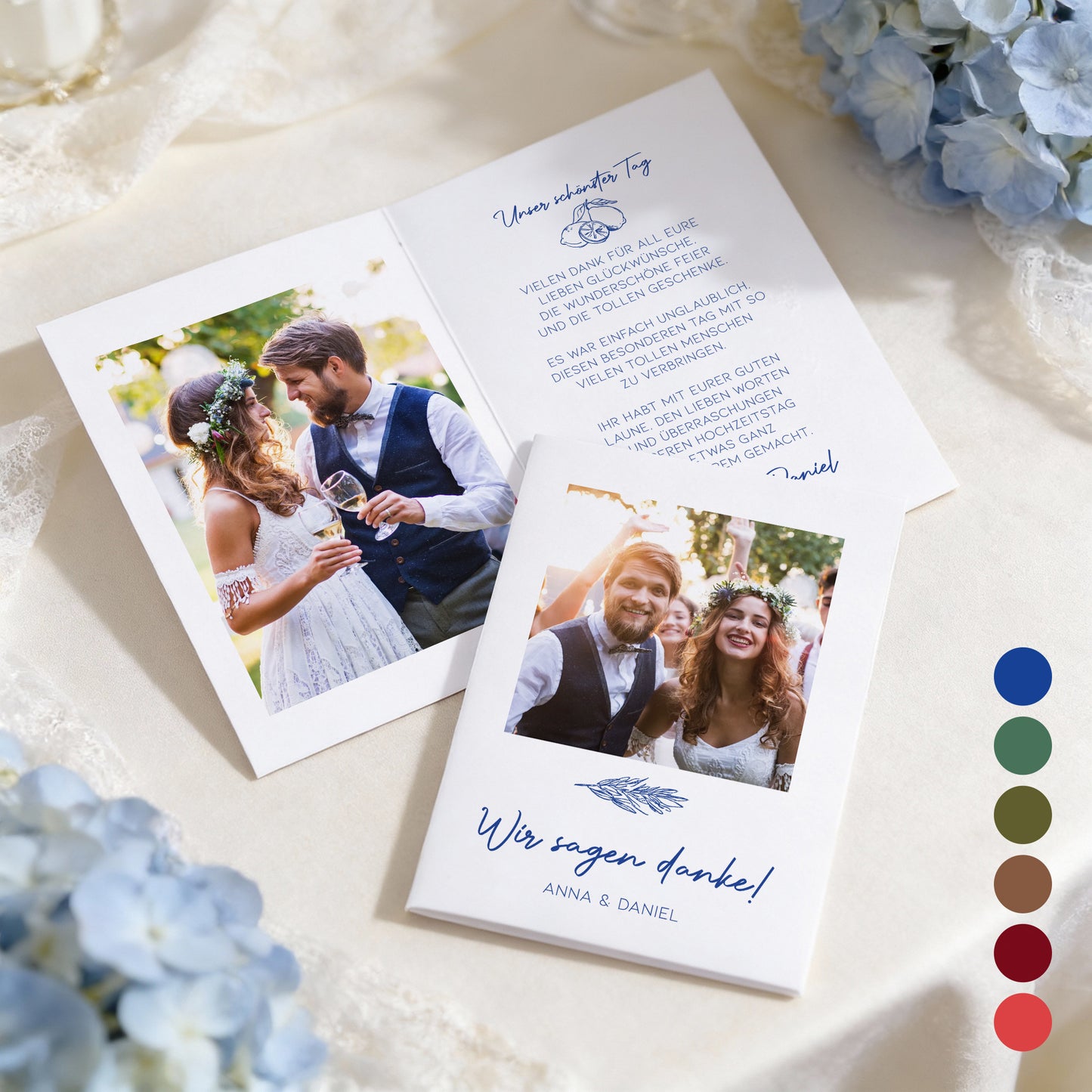 Farbauswahl der personalisierten Hochzeits-Dankeskarte als Klappkarte mit Foto vorne und Text innen, verschiedene Druckfarben zur Auswahl