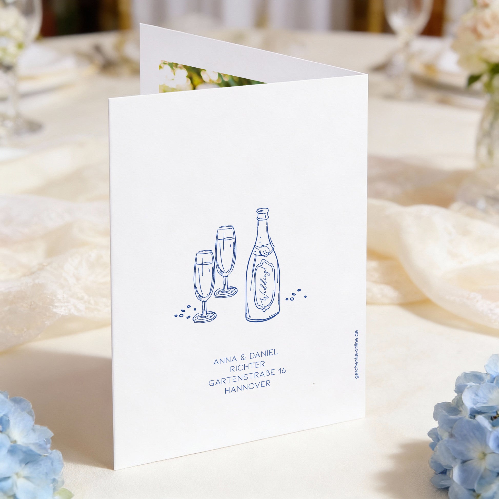 Rückseite der personalisierten Dankeskarte zur Hochzeit mit mediterranem Motiv und frei gestaltbarem Adress- bzw. Textbereich