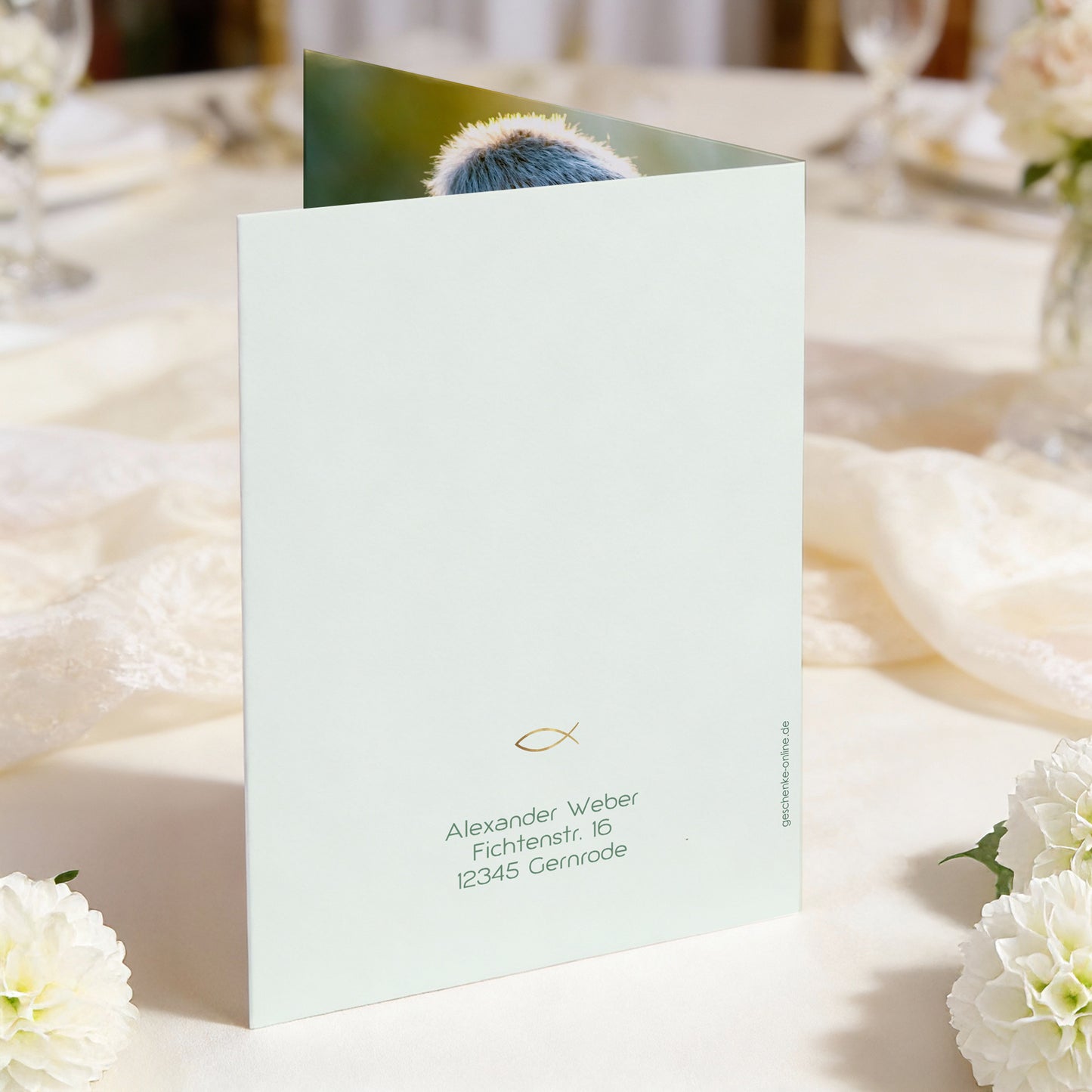 Personalisierte Einladungskarte Kommunion im Eukalyptus Design mit Ichthys Fisch, geschlossene Klappkarte mit festlichem Motiv