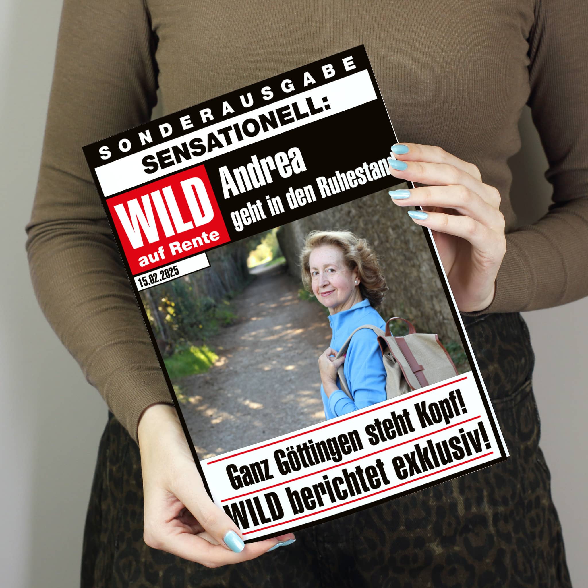 Personalisierte A4 Klappkarte zur Rente im Schlagzeilen-Stil ...