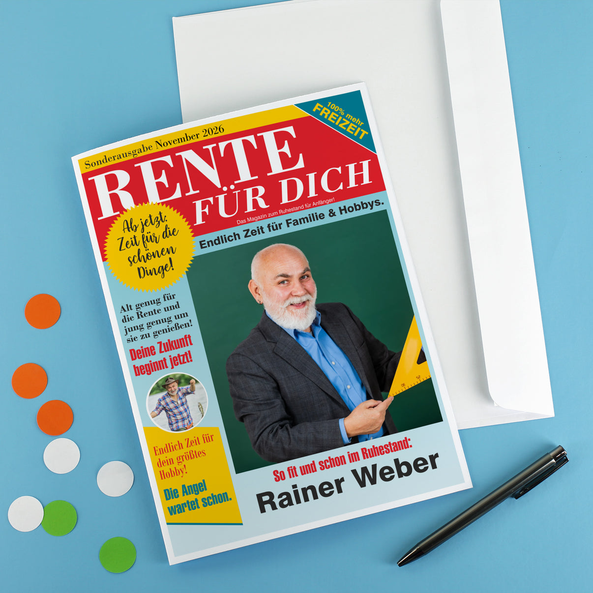 Große Klappkarte A4 zur Rente im Boulevard-Zeitungsdesign mit Foto & W ...