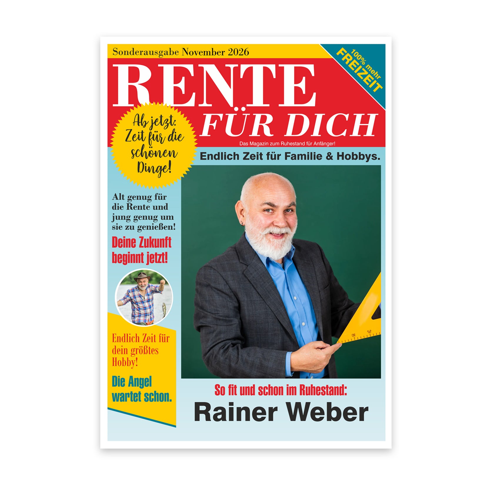 Große Klappkarte A4 zur Rente im Boulevard-Zeitungsdesign mit Foto & W ...