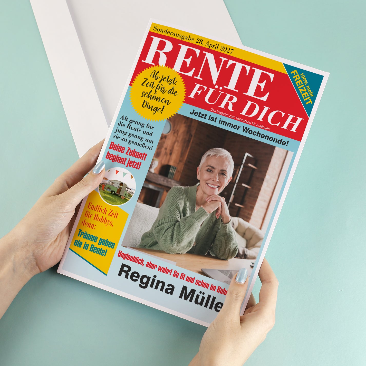 Große Klappkarte A4 zur Rente im Boulevard-Zeitungsdesign mit Foto & W ...