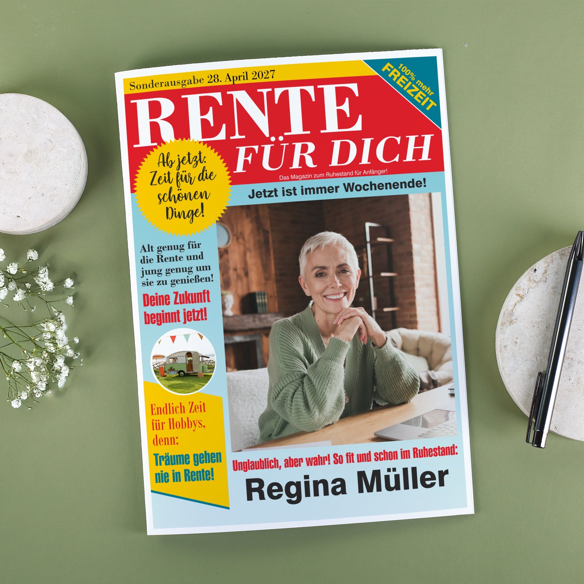 Große Klappkarte A4 zur Rente im Boulevard-Zeitungsdesign mit Foto & W ...