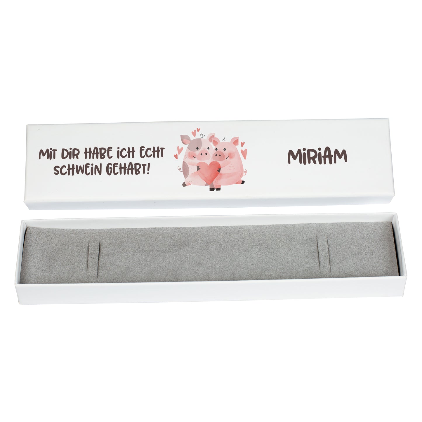 Schmuckverpackung freigestellt mit Deckel und Schaumstoffeinlage, personalisiert mit Name und romantischem Schweinchen-Design