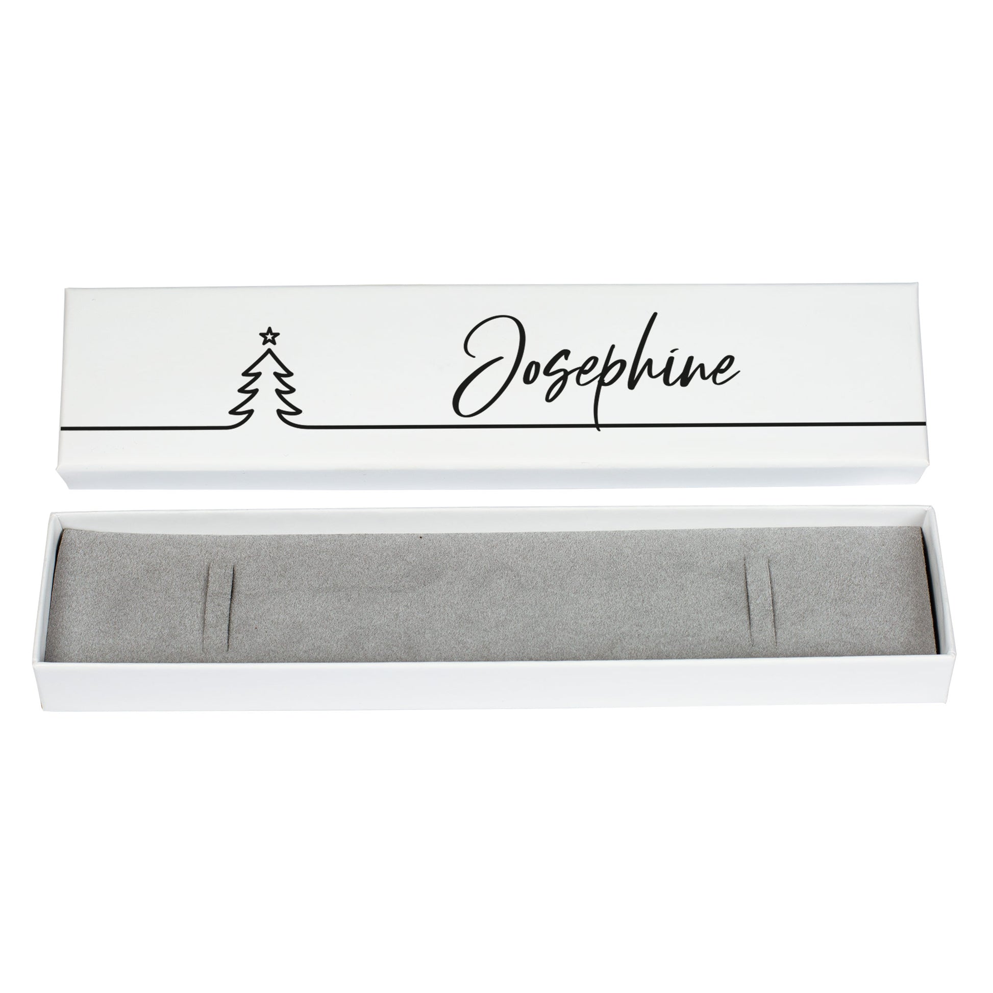 Weihnachts-Schmuckbox Line-Art in Weiß mit Name Josephine, Vorderansicht