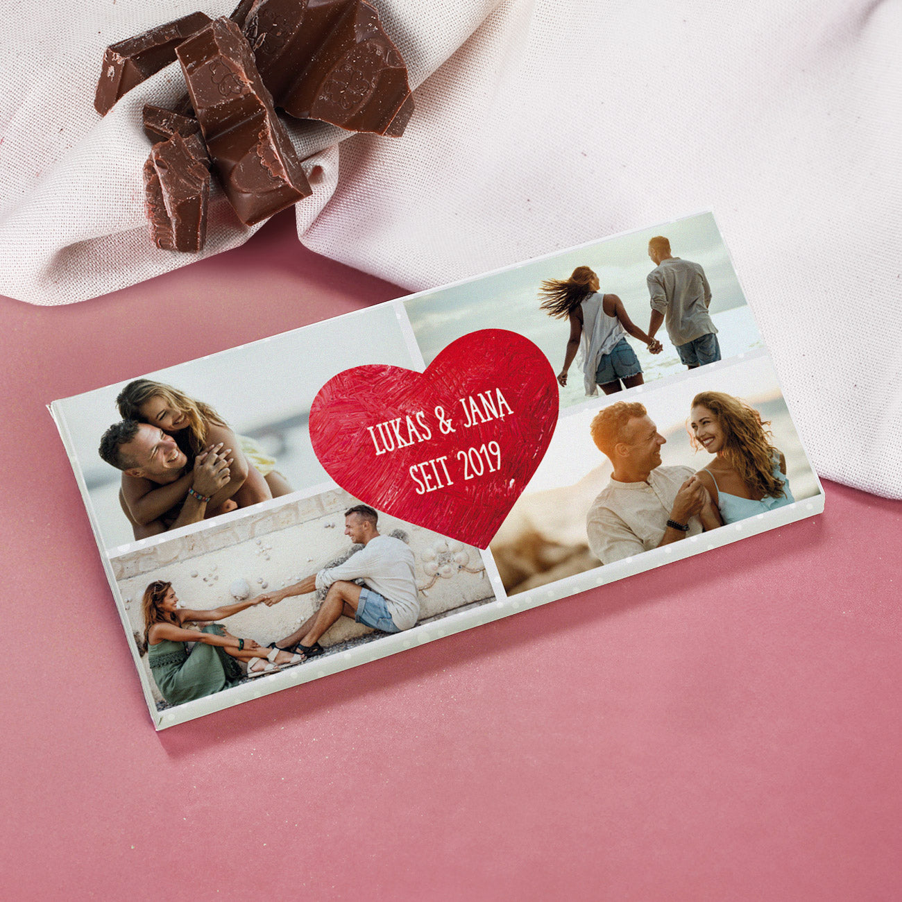 Schokolade mit vier Fotos und Wunschtext im Herz