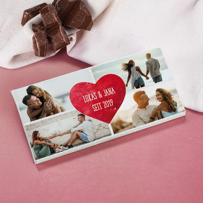Schokolade mit vier Fotos und Wunschtext im Herz