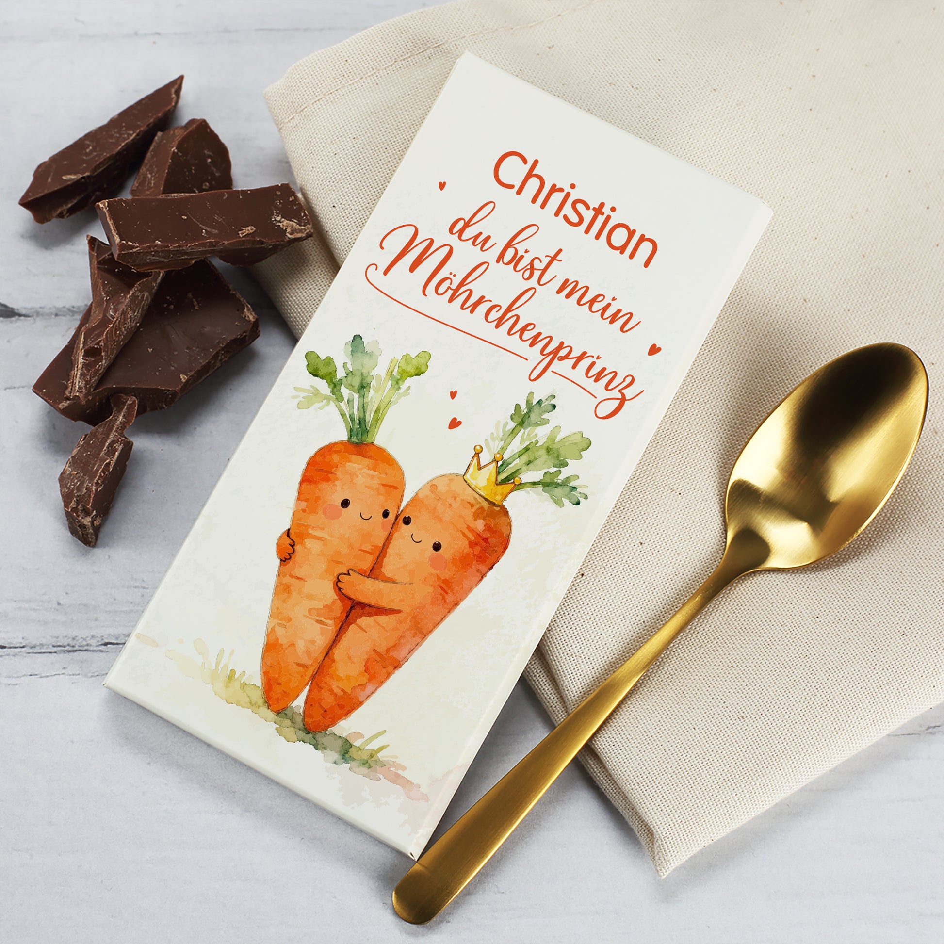 Personalisierte Schokolade mit Möhrenpaar-Motiv und Spruch „Du bist mein Möhrchenprinz“, bedruckt mit Name
