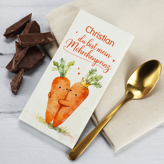 Personalisierte Schokolade mit Möhrenpaar-Motiv und Spruch „Du bist mein Möhrchenprinz“, bedruckt mit Name