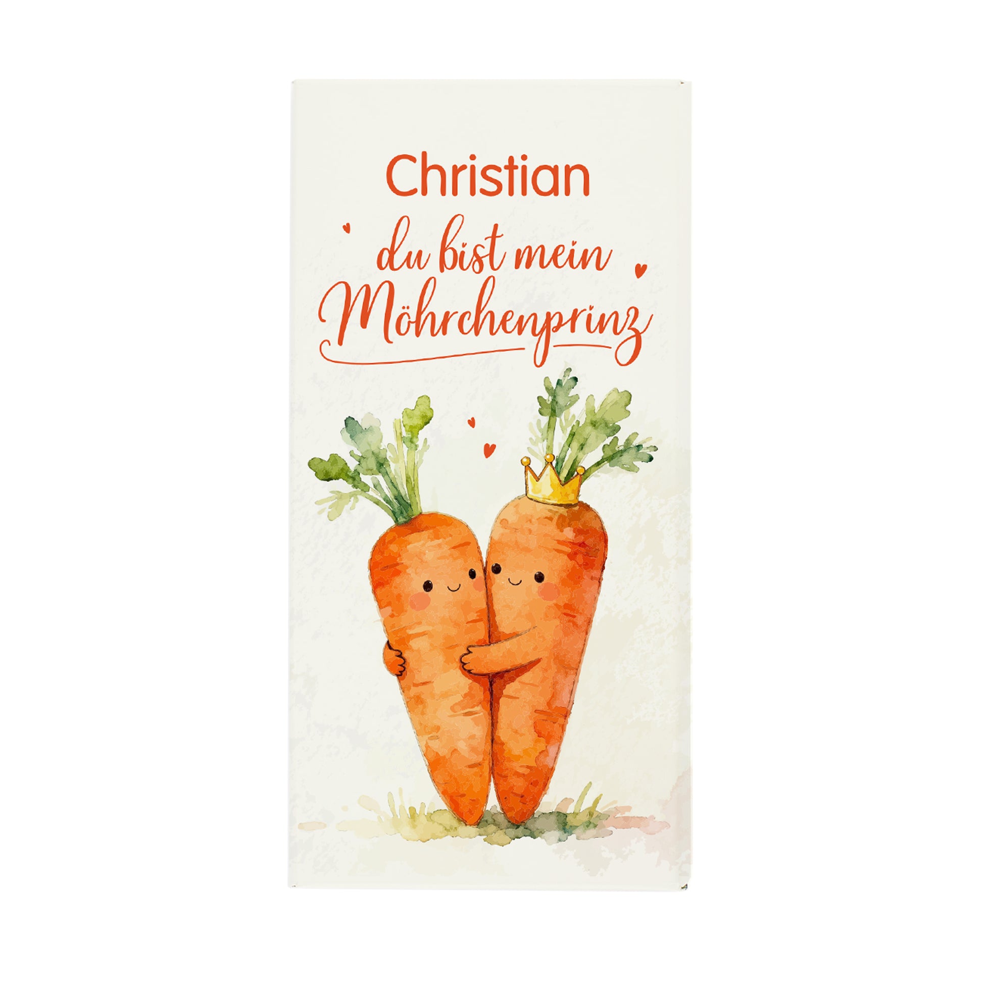 Freisteller der personalisierten Schokolade mit Möhrenmotiv, Krone und Spruch „Du bist mein Möhrchenprinz“